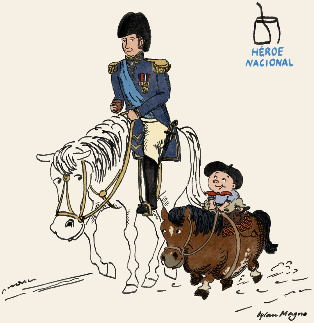 San Martín a caballo tomando mate, ilustración de Dylan Magno